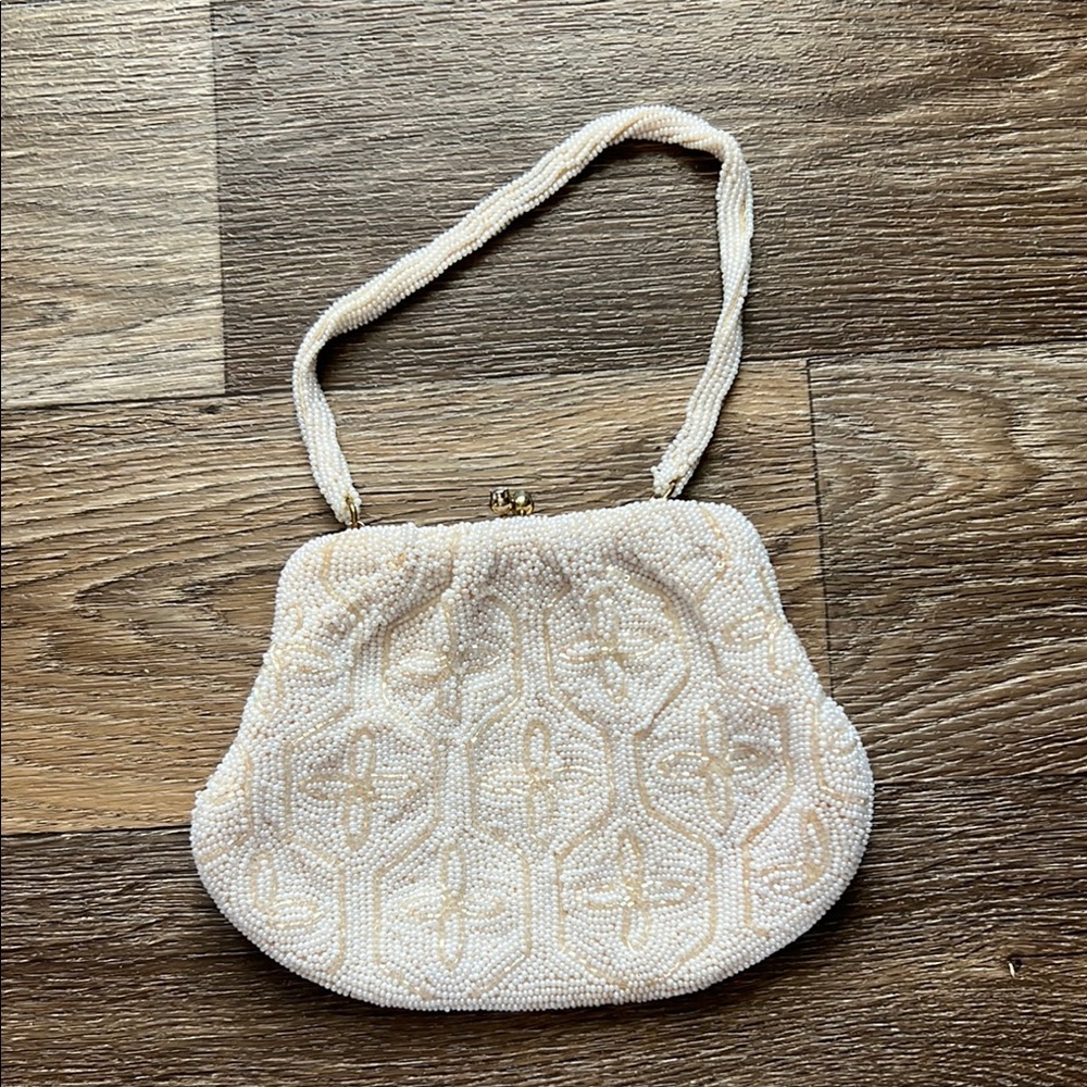 Cream Beaded Clutch with Intricate Design